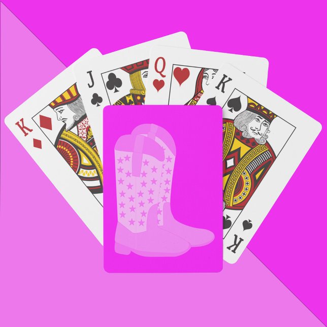 Baralho Botas de Cowboy com estrelas em fundo rosa (A deck of playing cards with a pair of pink cowboy boots on a pink background.)