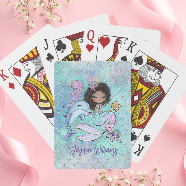 Baralho Cabelo Preto Cachorro Sereia Nome Personalizado Ra (Cute Black Hair Mermaid Custom Name Girl Birthday Poker Cards
)