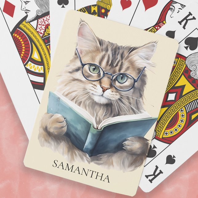 Baralho Cachorro Engraçado Óculos de Gato Nome do Monogram (Bookworm cat playing cards personalized with your name
)