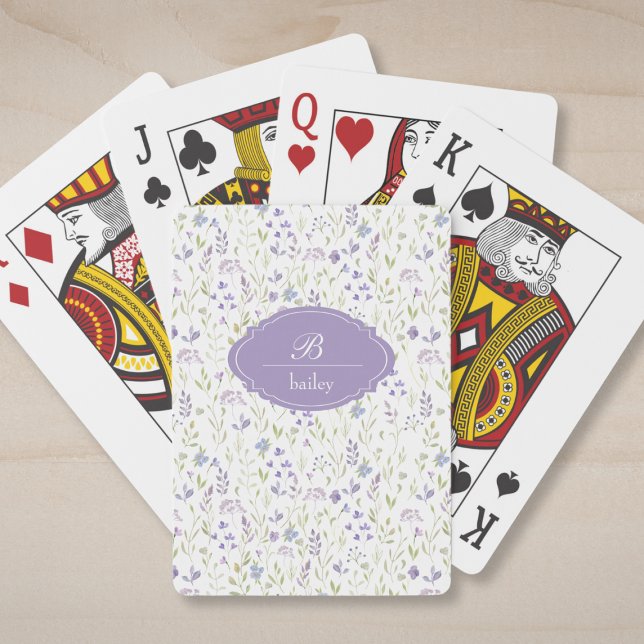Baralho Cartas Clássicas de Jogar com Monograma Floral Rox (personalized cottagecore purple blue floral pattern monogram cards)