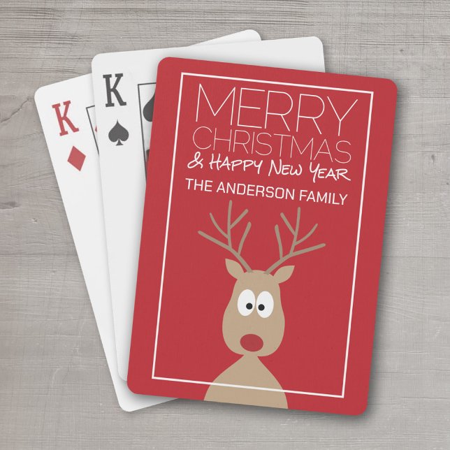 Baralho Cartoon Reindeer - Feliz Saudação de Natal (Add a family name  to this set of personalized playing cards for the Christmas season.)