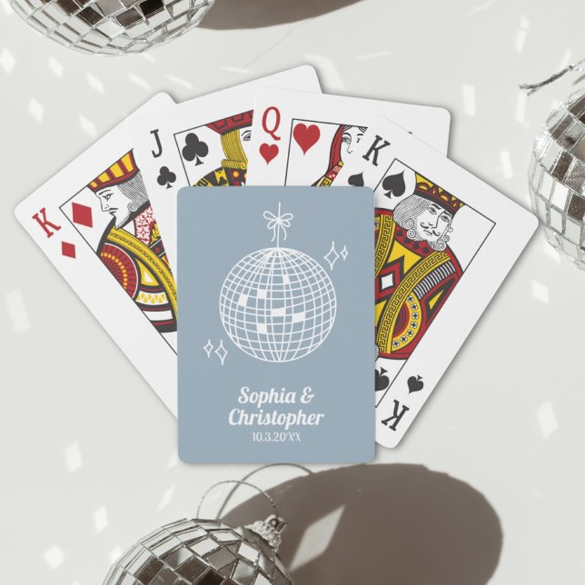 Baralho Casamento de Bola de Disco Azul com Retro Dusty Pe (Retro Dusty Blue Disco Ball Wedding Personalized Playing Cards
)