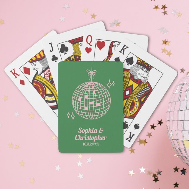 Baralho Casamento de Bola de Disco Verde e Rosa Retroativo (Retro Green & Pink Disco Ball Wedding Personalized Playing Cards
)