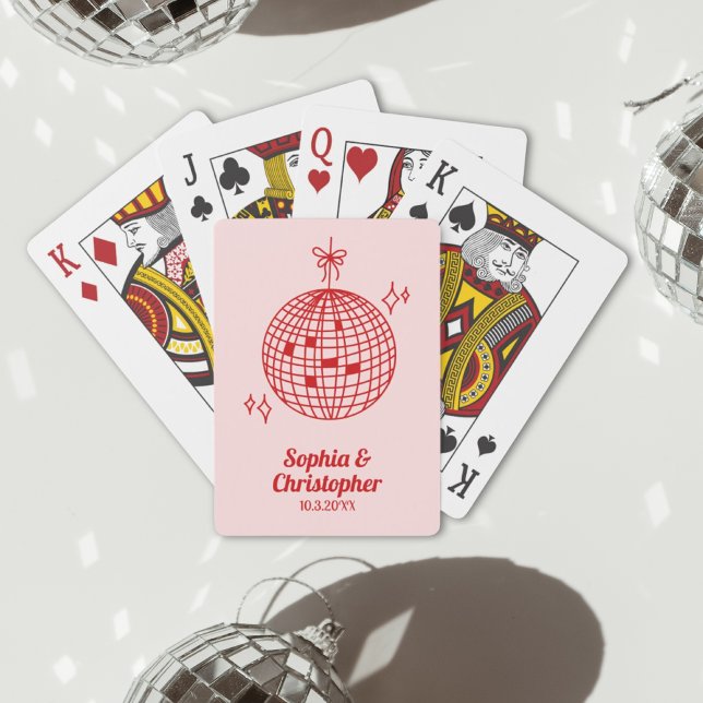 Baralho Casamento de Bola de Disco Vermelha e Rosa Retroat (Retro Pink & Red Disco Ball Wedding Personalized Playing Cards
)