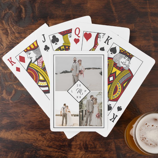 Baralho Casamento de colagem com grade de fotos do monogra (Classic monogram 3 photo grid collage wedding poker cards)