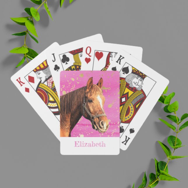 Baralho Cavalo Andando Nome Animal Rosa Dourado Equestre (horse back riding pink watercolor personalized playing cards.)