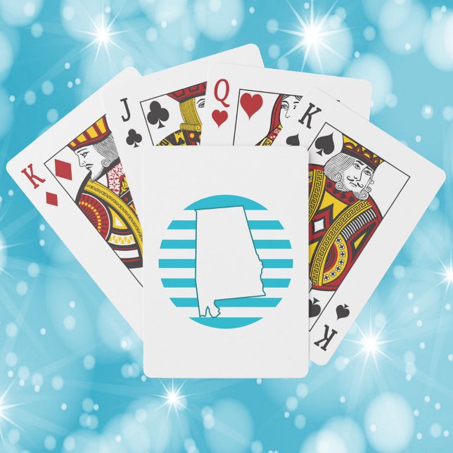 Baralho Circulo Azul do Contorno do Estado do Alabama, EUA (Playing cards with a design of the state outline of Alabama and a blue retro circle.)