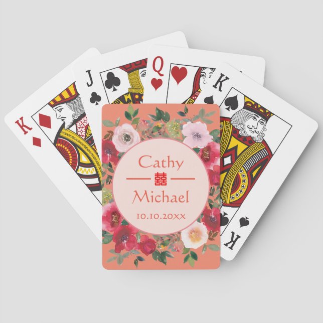 Baralho Círculo laranja coroa coroa floral casamento chinê (Verso)