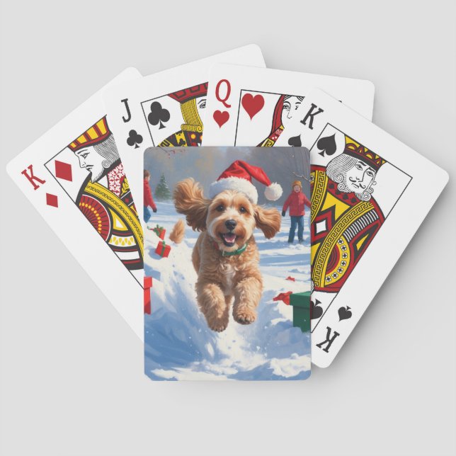 Baralho Cockapoo Correndo na Neve com Chapéu de Natal (Verso)