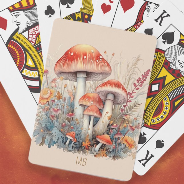 Baralho Cogumelos Vermelhos Woodland Toadstools Monograma (Red mushroom painting playing cards personalized with your monogram/initials or any text you choose)