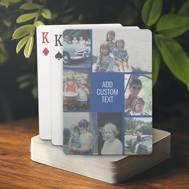 Baralho Colagem de 6 fotos - fundo azul - texto branco (Custom Poker Playing Cards)