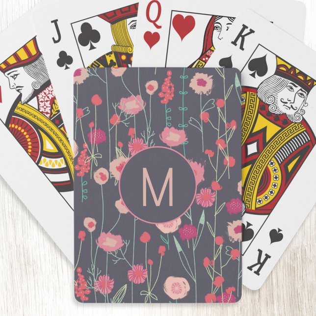 Baralho Cor-de-rosa floral monograma (Personalized monogram initial boho dark floral playing cards)