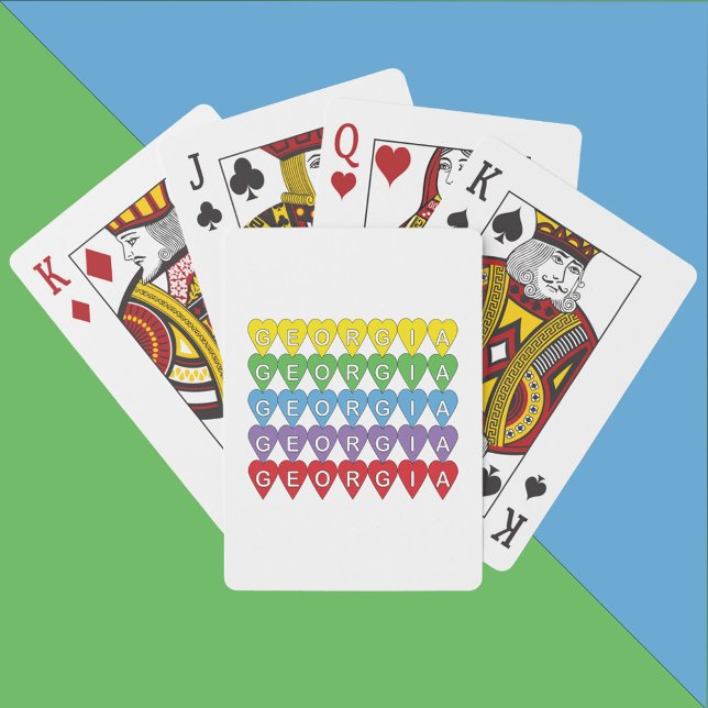Baralho Corações Coloridos da Geórgia (A deck of playing cards that say Georgia inside yellow, green, blue, purple and red hearts.)
