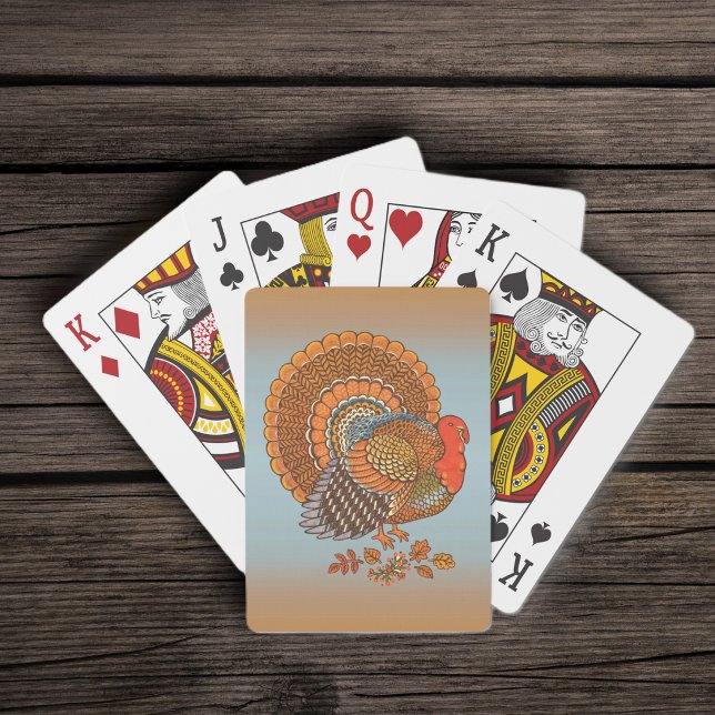 Baralho Cores de Outono Peru Folhas Dia de Ação de Graças (Male turkey fanned tail colourful Autumn coloured feathers leaves on orange blue deck playing cards.)