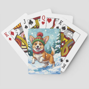 Baralho Corgi Alegre Saltando na Neve com Pom Pom