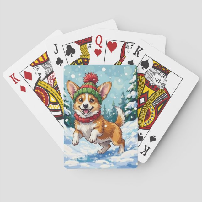 Baralho Corgi Alegre Saltando na Neve com Pom Pom (Verso)