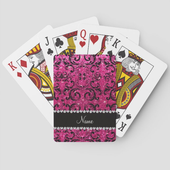 Baralho Custom name black neon hot pink glitter damask (Verso)