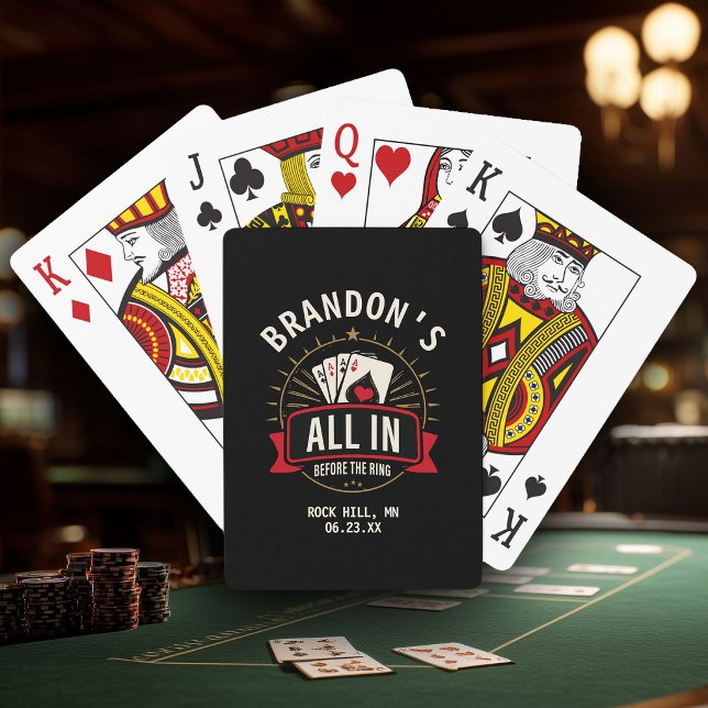Baralho Custom Name Casino Bachelor Party Black Poker (Black bachelor party playing card box with gold "All In Before the Ring" poker graphic)