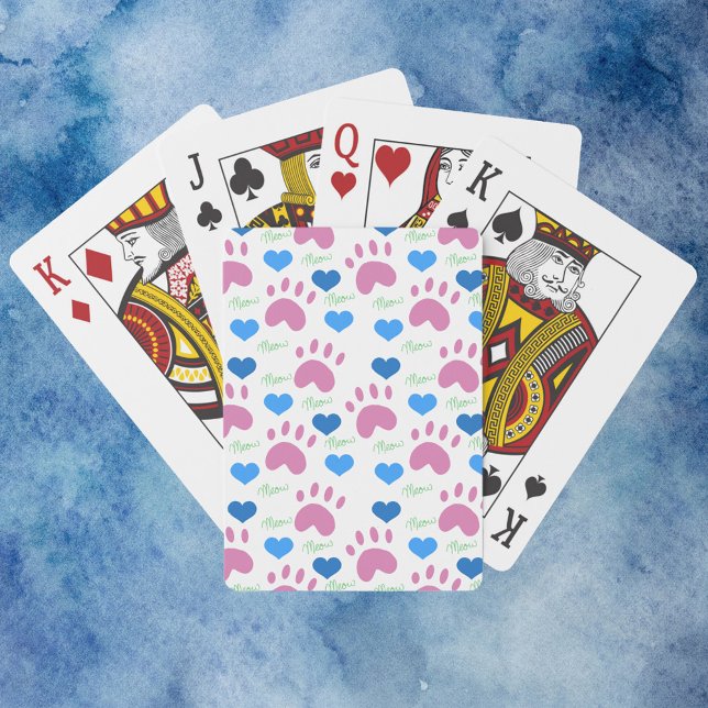 Baralho Cute Pink Cat Paw Prints Blue Hearts Meow (A deck of playing cards with a pattern of paw prints, hearts and meows.)
