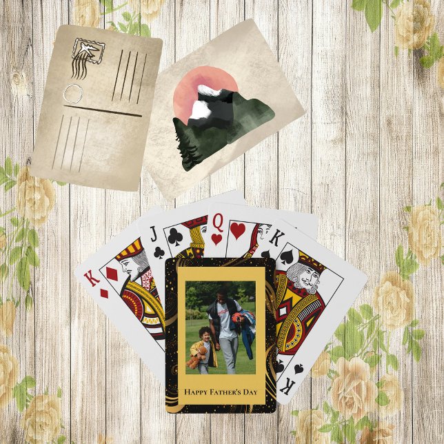 Baralho Dia de os pais Feliz, Dourado Leafy Black Swirls F (Happy Father's Day Gold Leafy Black Swirls Photo Playing Cards)