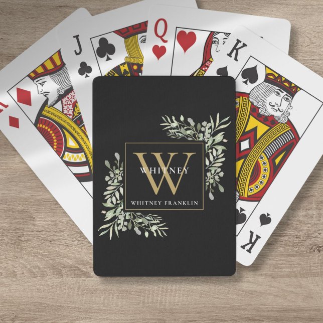 Baralho Dourado Monograma Verde Elegante Preto Moderno (Gold Monogram Elegant Greenery Modern Black Poker Cards)