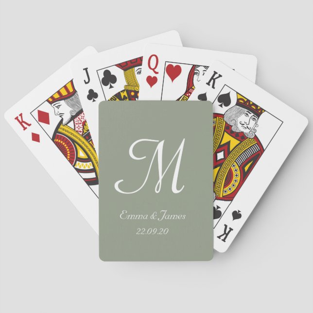 Baralho Elegante Monograma Verde Sage Script Nome  (Verso)