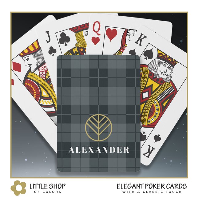 Baralho Elegante Monograma Xadrez Escocês Preto Dourado (Criador carregado)