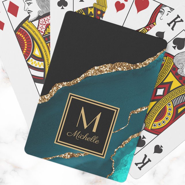 Baralho Elegante negro Dourado Monograma Nome inicial (Elegant teal and black marble monogram playing cards. )