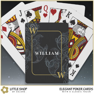 Baralho Elegante Paisley Monograma Inicial Nome Preto Dour