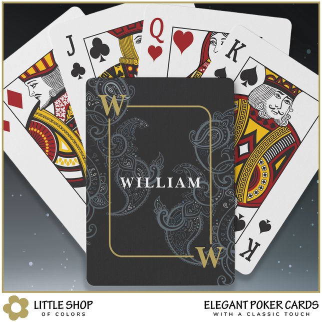 Baralho Elegante Paisley Monograma Inicial Nome Preto Dour (Criador carregado)