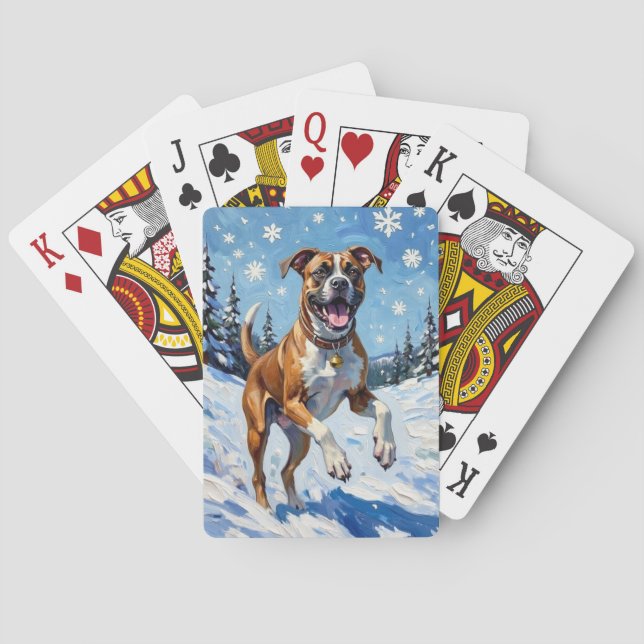 Baralho Energetic Boxer Dog Leaping in Winter Snow Fun (Verso)