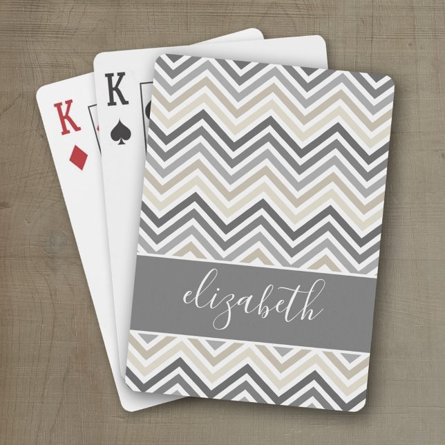 Baralho Enorme padrão Chevron com beige de cinza de Nome (Personalized playing cards with custom text)