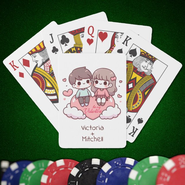 Baralho Estilo de Chibi Personalizado Doce Seja Meu Casal (Sweet Pesonalized Chibi-style Be Mine Couple Playing Cards)