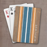 Baralho Estrias De Superfície Vintage - Fundo De Madeira S<br><div class="desc">Um design de faixa colorida, retrô, em azul e laranja sobre um fundo de impressão de madeira falsa. Um design de banda de surfboard vintage com um olhar de praia e surf. Adicione o seu nome ou monograma para fazer desta uma capa de telefone pessoal que se destacará entre os...</div>