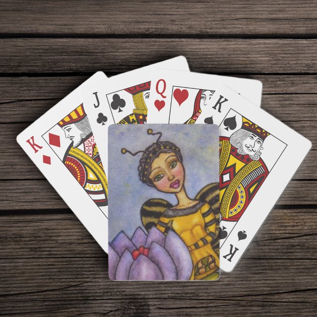 Baralho Fada Abelha Bonita Flor Roxa (Pretty black yellow bumble bee fairy sitting on purple flowers on mix blues yellow deck playing card)