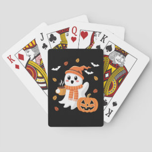 Baralho Fantasma Fofo Bebendo Café Gelado Halloween 