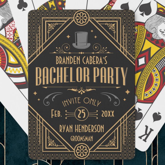 Baralho Favorito de Festa de Despedida de Solteiro Estilo  (bachelor party favors custom personalized playing cards Art Deco speakeasy 20s theme gold and black )