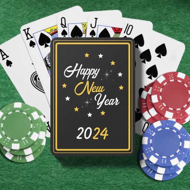 Baralho Feliz ano novo preto branco e Dourado estrela 2024 (Black White & Gold Star Happy New Year 2024 Playing Cards)