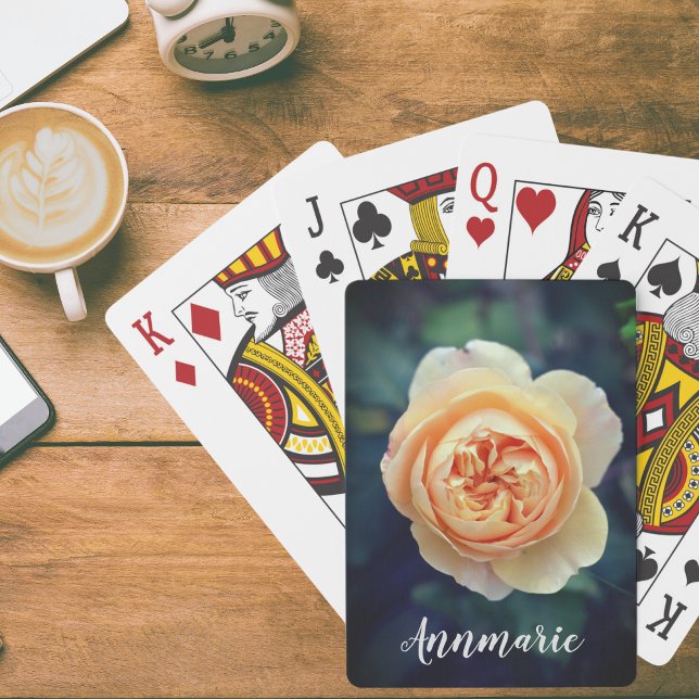 Baralho Flor de Rosa do Peachy Orange Garden Personalizada (Elegant garden rose flower card with text on the front)