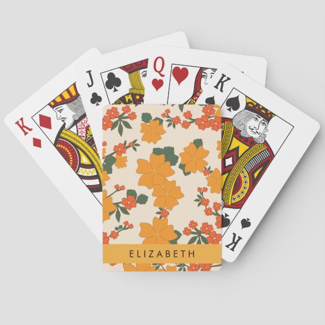 Baralho Flores Laranja, Padrão De Flores, Seu Nome (Verso)