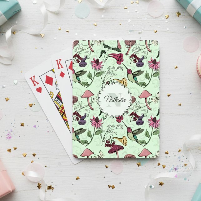 Baralho Flores Verdes Trendy e Monograma do Hummingbird (Floral Hummingbird Playing Cards. Botanical Hummingbirds & Flowers Pattern for Animal & Bird Lovers)