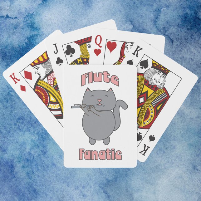 Baralho Flute Fanatic Pink Gray Cat (A deck of playing cards that has a gray cat playing the flute with the words flute fanatic.)