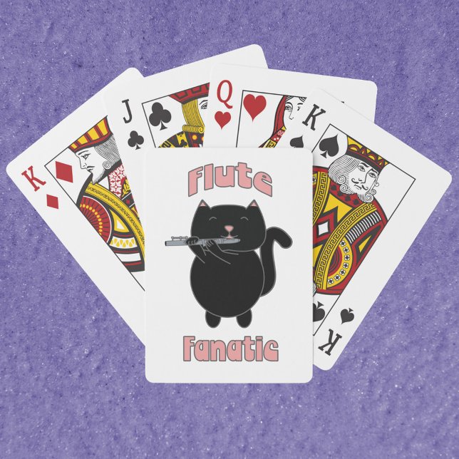 Baralho Flute Instrumento Black Cat (A deck of playing cards featuring a black cat playing the flute with the words Flute Fanatic.)