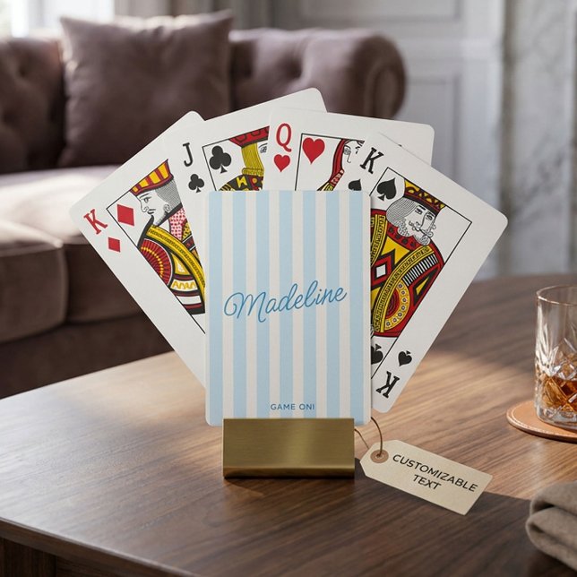 Baralho Fofo Personalizado Moderno Costeiro Listrado Azul (Personalized playing cards with soft blue and white vertical stripes and a custom name in script.)