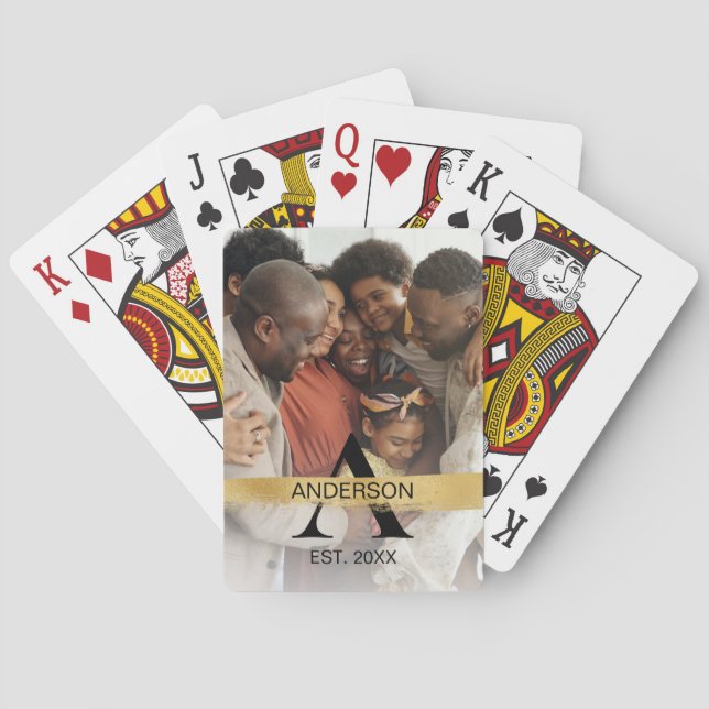 Baralho Foto de Nome da Família Monograma Dourada (Verso)