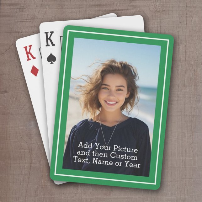 Baralho Foto personalizada e texto com borda verde (Add a Photo and Text to This Classic Set of Custom Playing Cards)