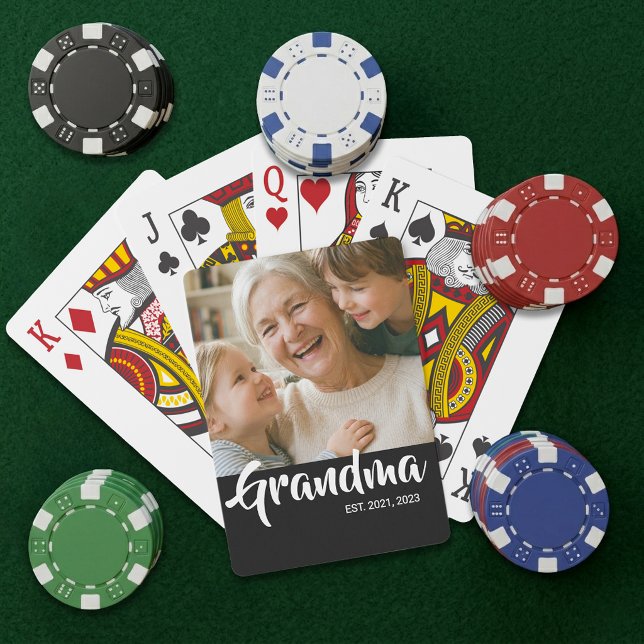 Baralho Foto preta com texto Avó Estabelecida (Grandma Established Script Photo Playing Cards)