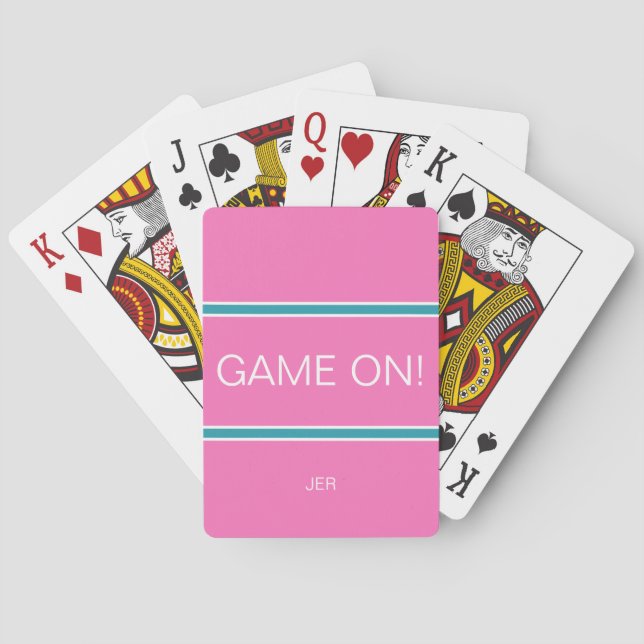 Baralho GAME ON Quote Cute Custom Monogram Pink Turquoise  (Verso)