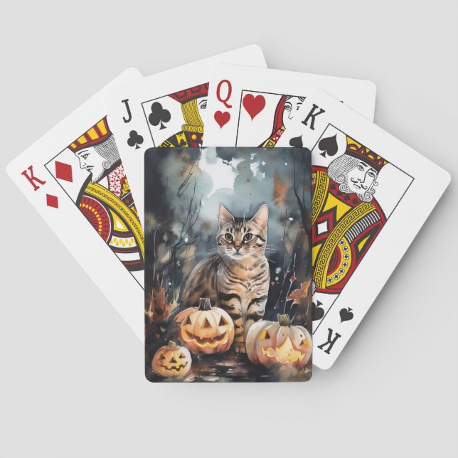 Baralho Gato de Halloween Bengal com Pumpkins assustado (Verso)