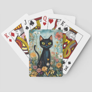 Baralho Gato Negro Whimsical com Ilustração de Flores Selv